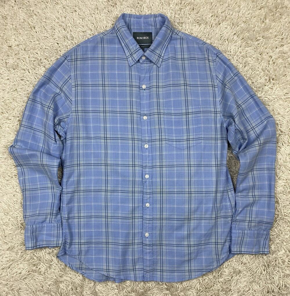 Bonobos Slim Fit Shirt Mens Large Blue Plaid Long Sleeve Button Up 100% Cotton